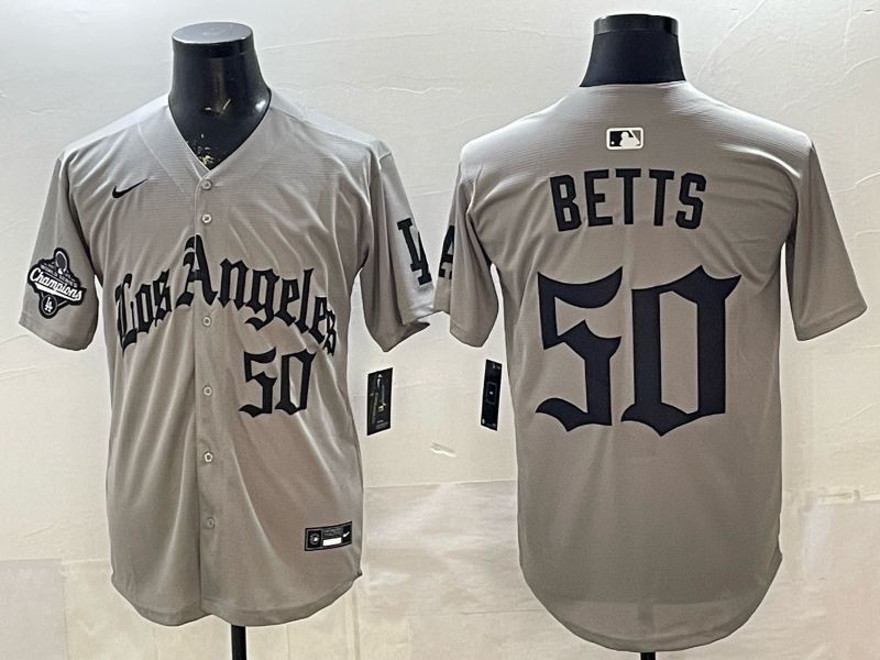 Men 2026 Los Angeles Dodgers #50 Betts Grey Five generations Nike MLB Jersey style 007->los angeles dodgers->MLB Jersey